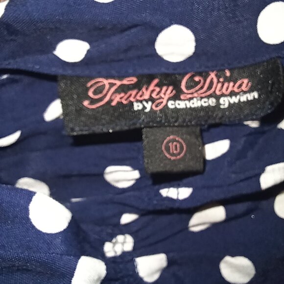 Trashy Diva 1940s Big Polka Dot Blue White GUC Dress SZ 10 Summer Vintage - Picture 5 of 6